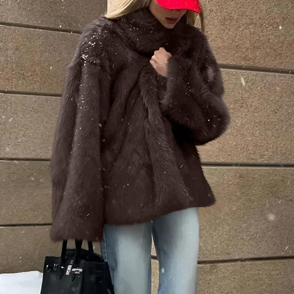 Women's Fashionable Warm Long Sleeve  Solid Color Furry Collar Coat