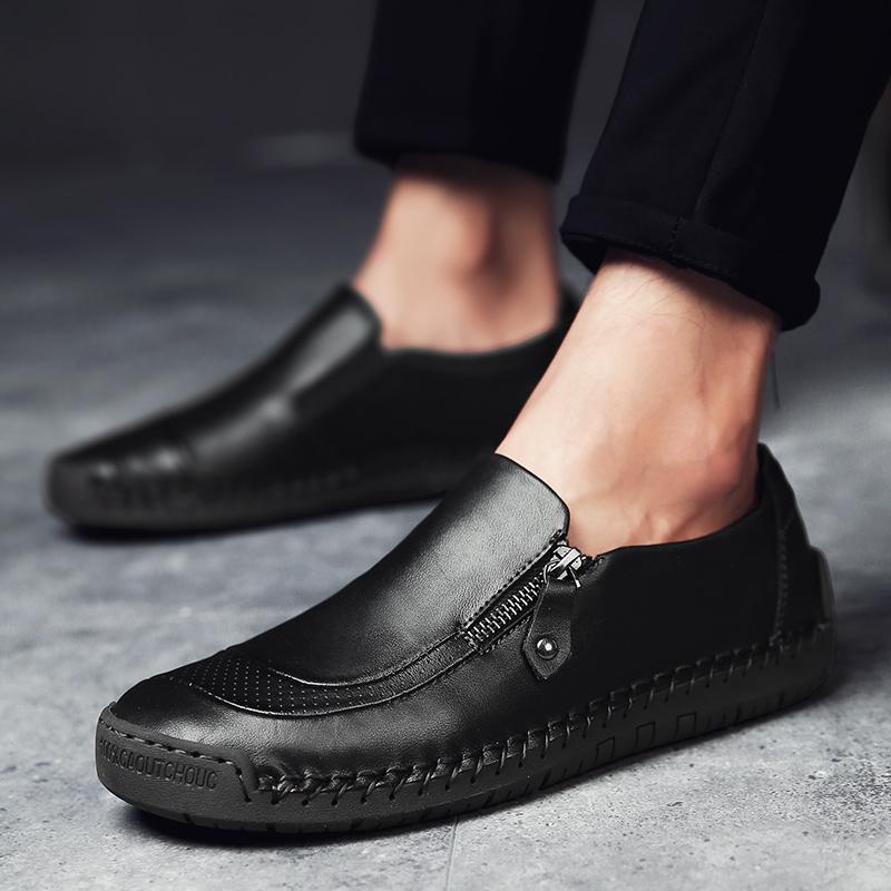 Men's Casual Patchwork Leather Zip Split Round Toe Slip-on Shoes Fashion Antiskid Suture Sole Loafer