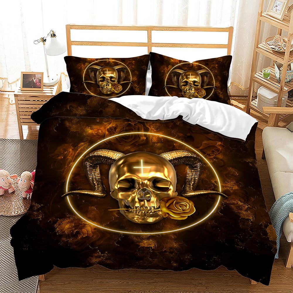 3D Skull Head Pattern Fashion Home Bedding Single Double Bed Full Size Pillowcase and Quilt Cover 2/3 Pieces of Microfiber Home Decoration