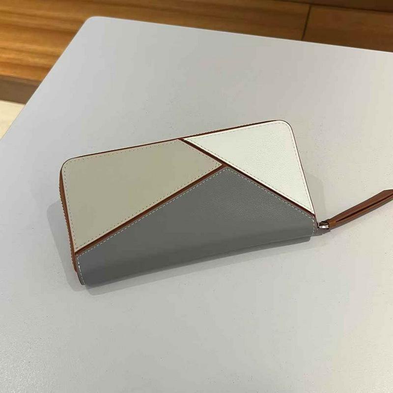 2025 New Genuine Leather Wallet For Women's Handheld Wallet Long Simple Color Contrasting Geometric Splicing Single Zipper Women's Money