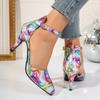 Женские босоножки 2024 года, летние туфли на среднем каблуке с острым носком, повседневные туфли на высоком каблуке с пряжками-иголками и цветовым сочетанием, модная женская обувь