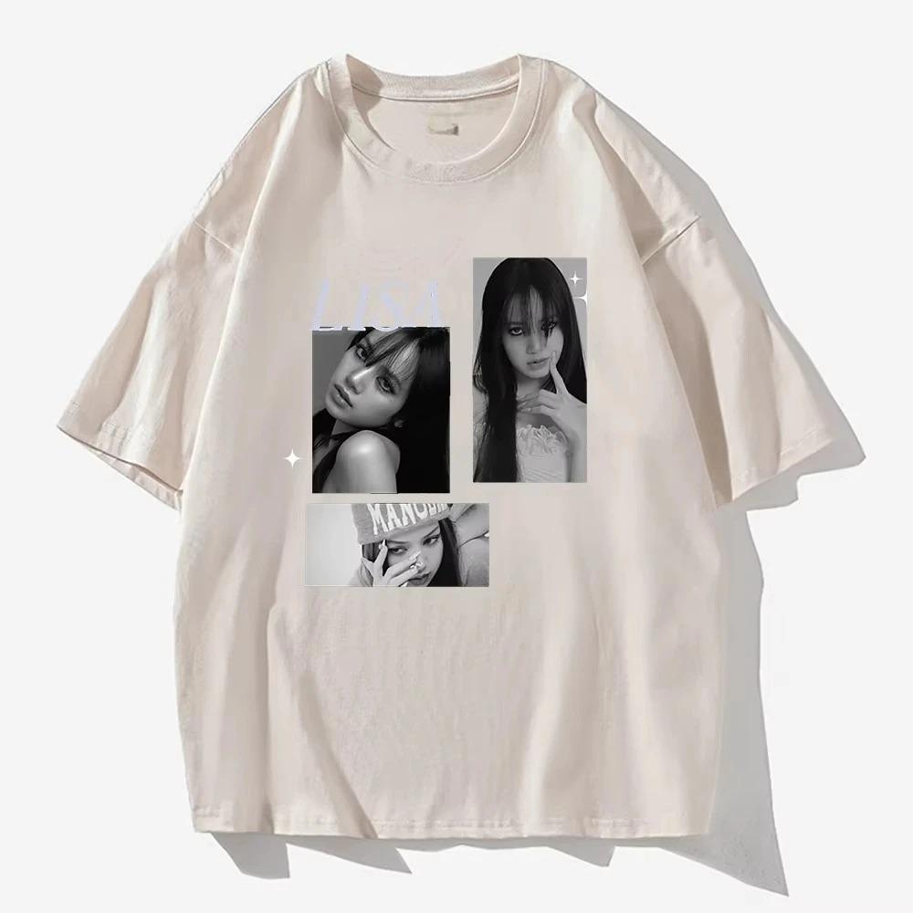 BLACKPINK Лиса 3-фото Коллаж "LISA" Звезда Акцент Оверсайз Розовая Футболка | K-Pop Фан Стритвир Мерч Футболка