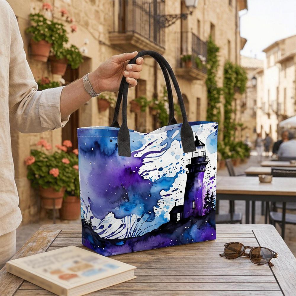Watercolor Lighthouse Pattern Casual Tote Bag Large Capacity Reusable Daily Shoulder Bag for Women