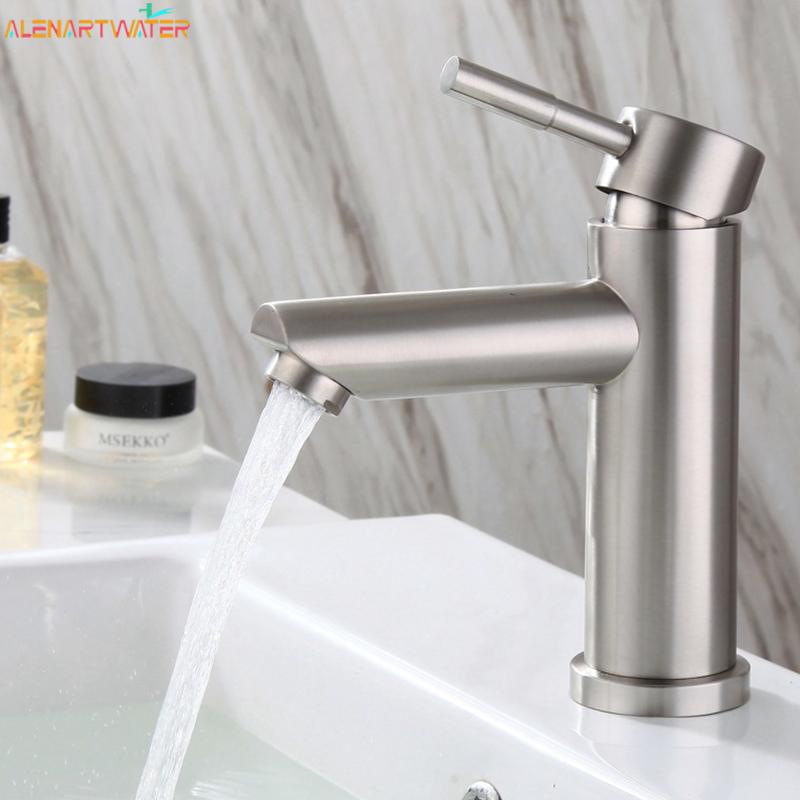 Basin Faucet 304 Stainless Steel Single Cold Water Tap Black Chrome Color Deck Mounted Basin Sink Tap G1/2