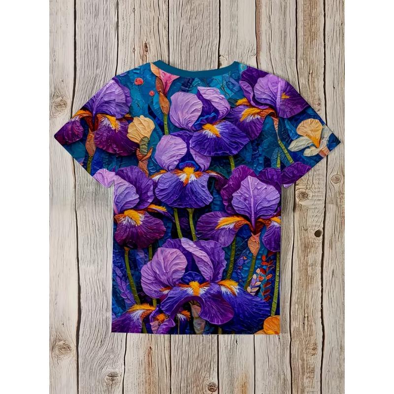 Женская 3D футболка с полным принтом ириса темно-фиолетового цвета с толстым сине-фиолетовым артом, свободный топ с коротким рукавом для весны и лета