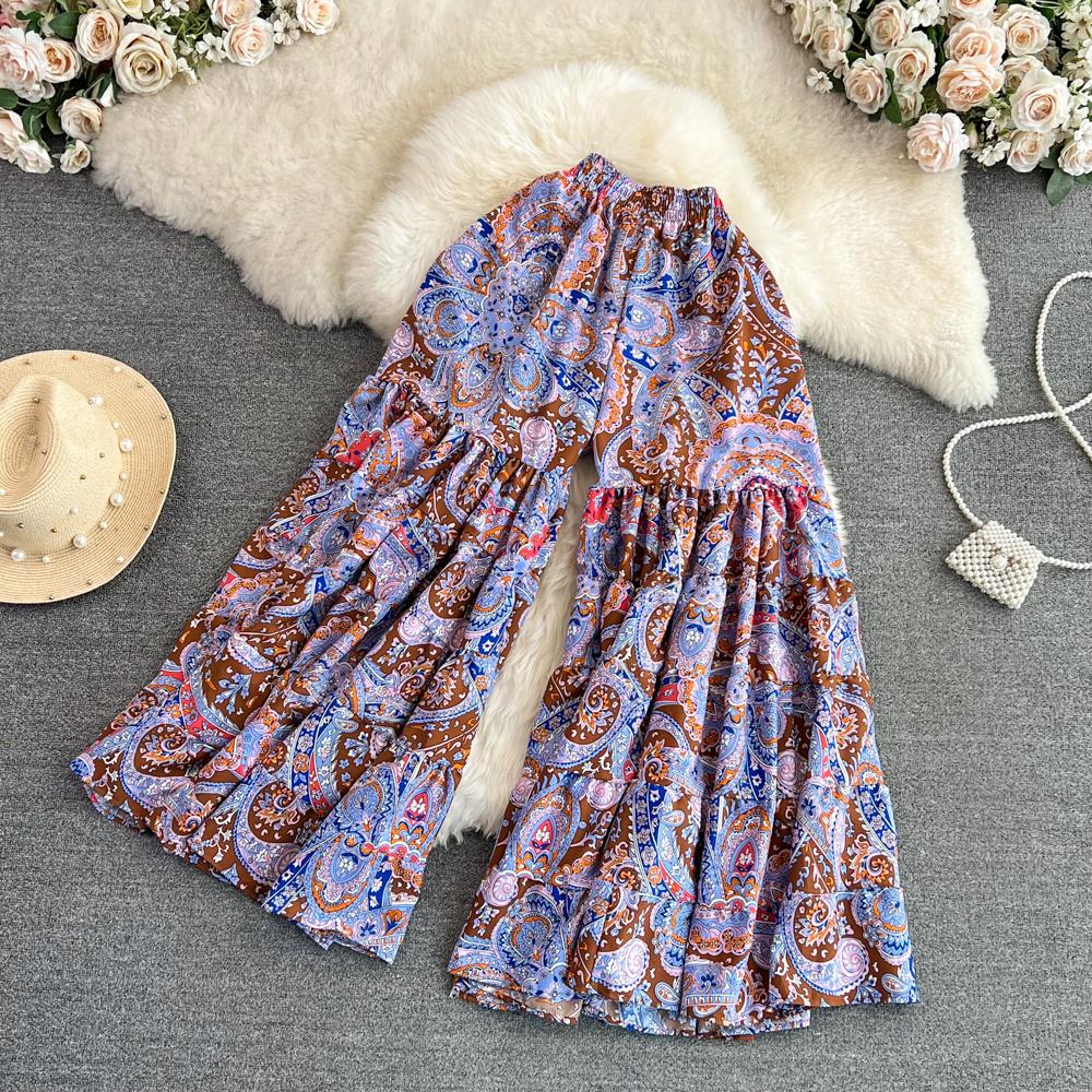 Summer Bohemian Vacation Beach Pants Elegant High Elastic Waist Wide Leg Printed Trouser Casual Flare Fladas New Fashion