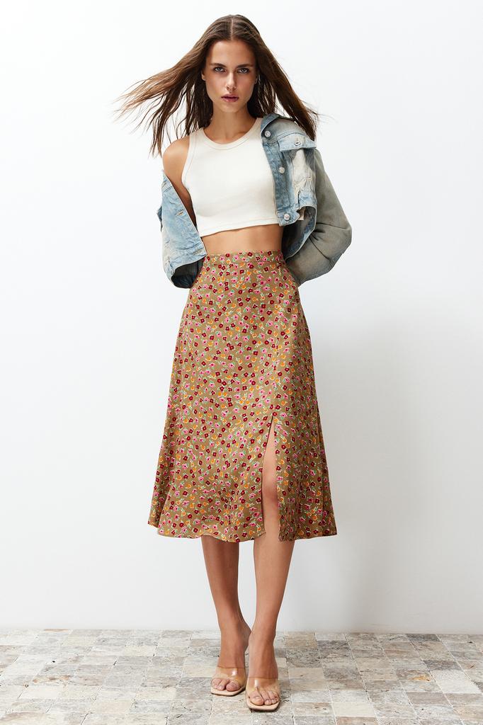 Women's Fashion Purple Printed High Waist Midi Stretchy Knitted Skirt with Gather Detail and Flounce