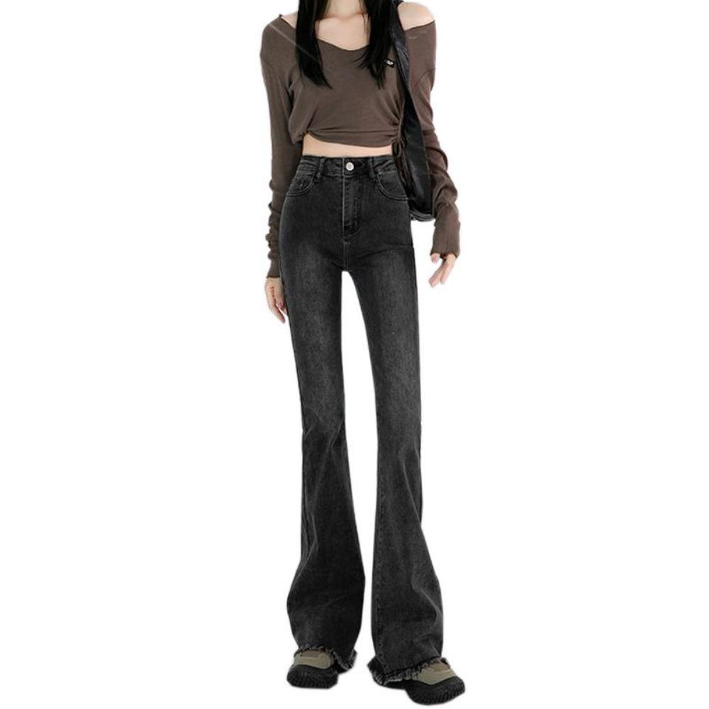 Raw Edge Design Sense Black Gray Micro Flared Jeans Woman