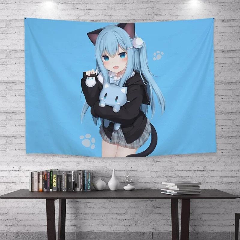 1PC Cartoon Anime Cat Ears Girl Tapestry Wall Hanging Bohemian Fashion Wall Cloth for Student Dorm Home Decoration