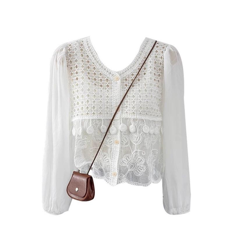 Ethnic style hollow hook-up splicing bubble sleeve knitted sweater summer thin round neck age-reducing loose short top women