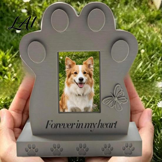 Pet Tombstone Ornament Dog Memorial Stone with Built-in Photo Card Slot 3D Butterfly And Pattern Paw Design Commemorative Ornament for Home