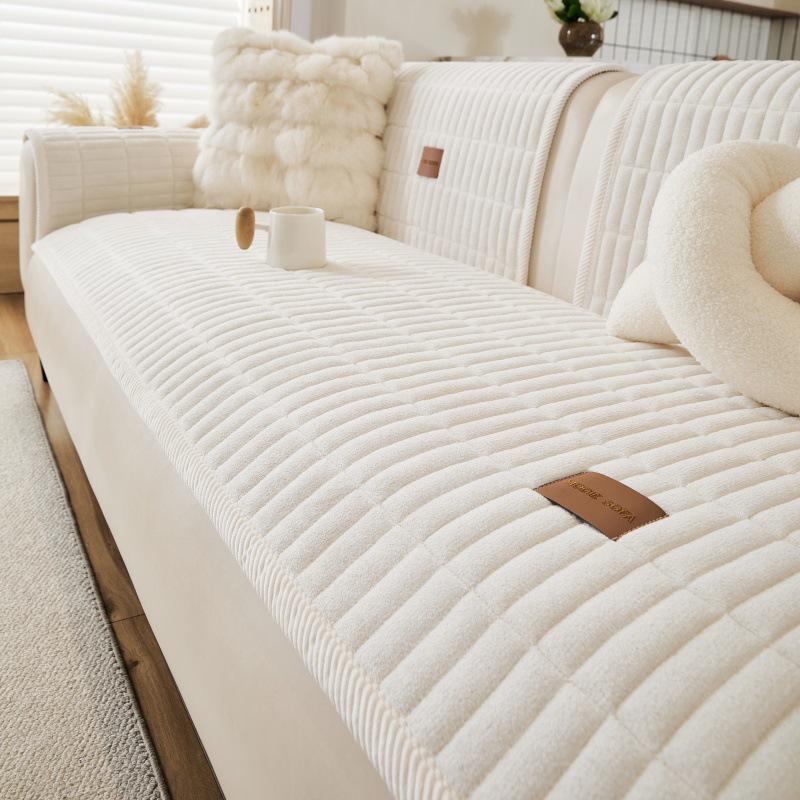 Plush Striped Plaid Sofa Cushion: Non-slip, Hair-resistant, Thickened Milk Fleece Sofa Mat