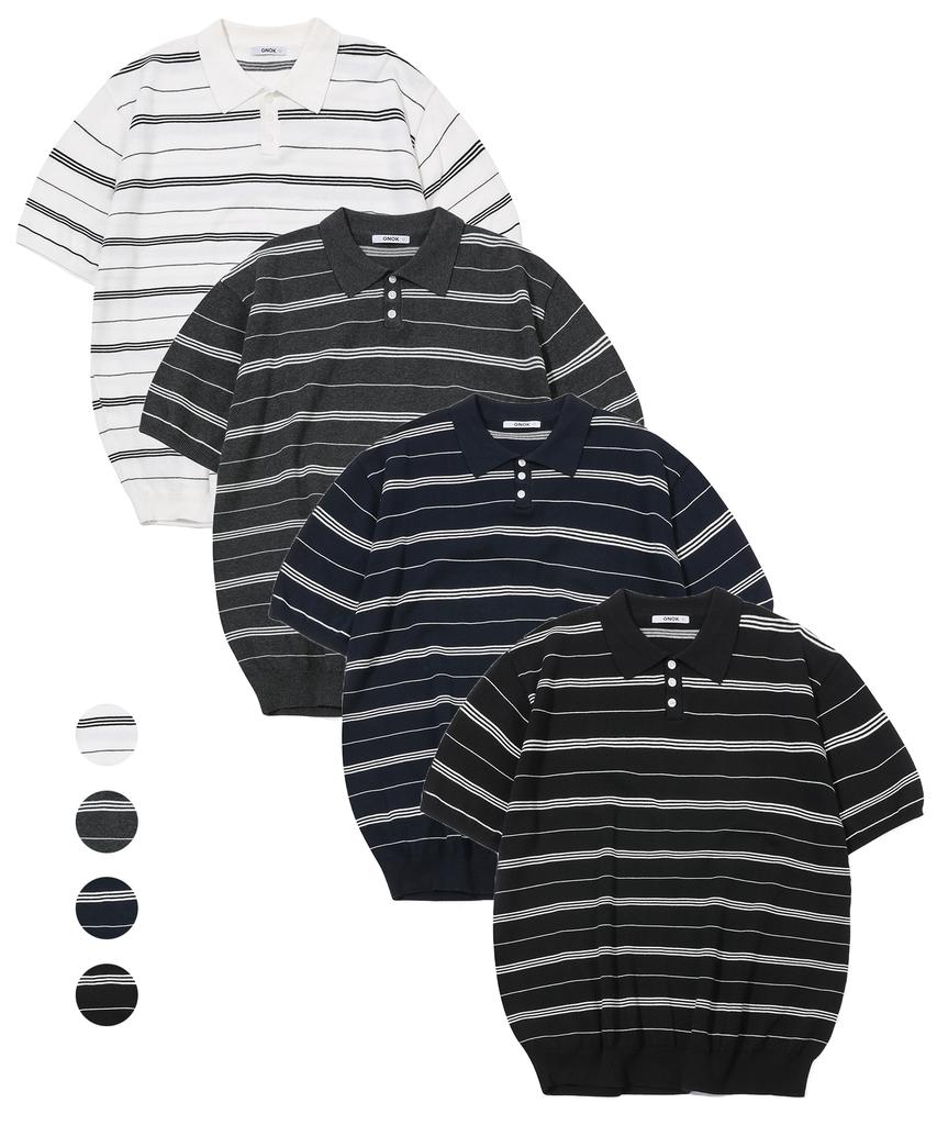 GNOK Striped Henley Neck Short Sleeve Knit [4 Colors]