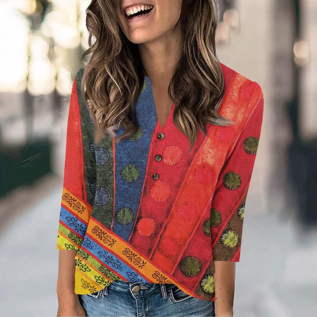 Women's Fashion Casual Loose 3/4 Sleeve Printed Round Neck Top