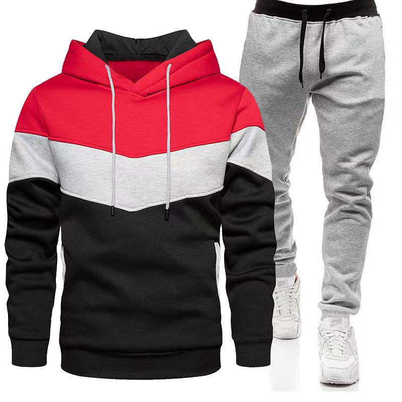 Sports Suit Men's Autumn Winter Plus Size Loose Hooded Sweatshirt Sweatpants Color Blocked 2-piece Set Light Plate
