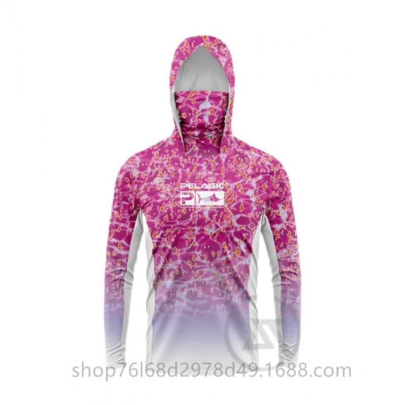 Mens Quick-Dry Ice Silk Long Sleeve Fishing Shirt UPF50 Sun Protection Hooded Tee With Integrated Face Cover