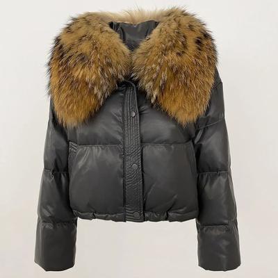 OFTBUY 2024 Натуральная шуба Зимняя куртка Женская Натуральный Большой Меховой Воротник Из Натурального Меха Енота Толстая Теплая Короткая Верхняя Одежда Уличная Мода