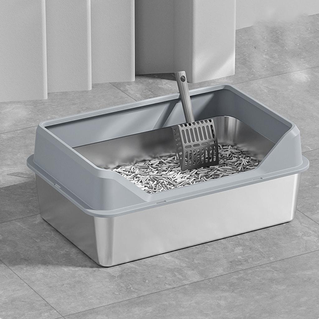 Туалет для кошек из нержавеющей стали с верхним входом, защитой от брызг, большим высоким бортиком и совком