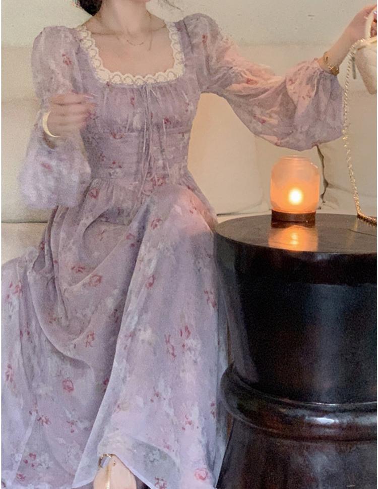 Платье миди с квадратным воротником для женщин, винтажное женское платье с рукавами-фонариками, шикарное повседневное платье на шнуровке Y2k