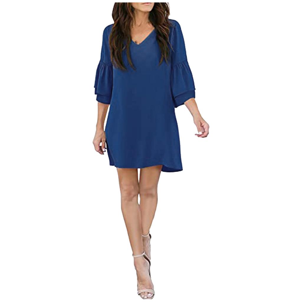 Women's Dress Sweet And Cute V-neck Bell Shaped Sleeves Solid Loose Fitting Dress  Dress
