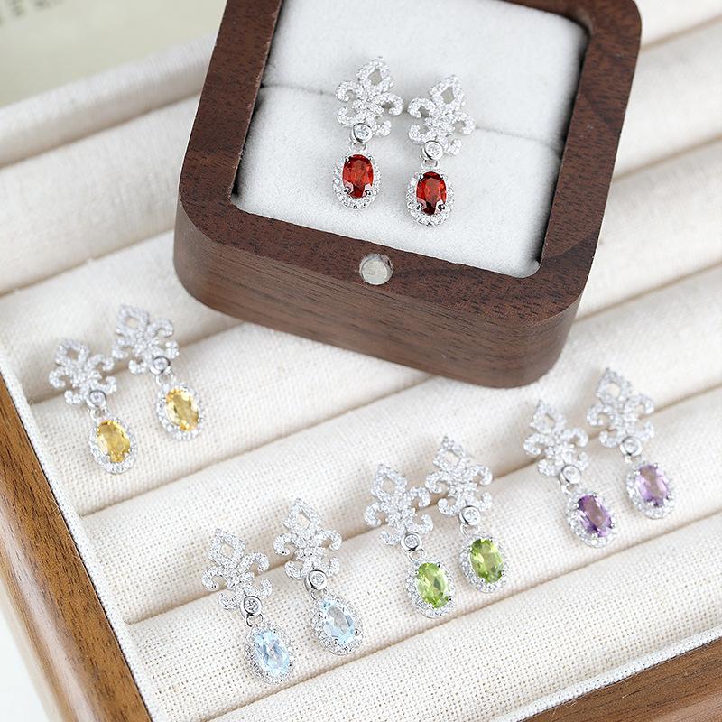 Серьги из серебра S925, Пусеты с натуральным гранатом/топазом, Элегантные украшения для женщин