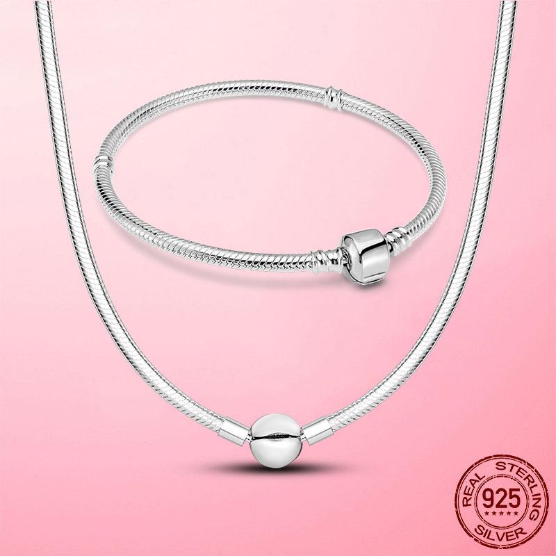 Female Jewelry Sets 925 Sterling Silver Snake Chain Clasp Bracelet for Women Necklace Chain Link Jewelry Set Women Fine Jewelry
