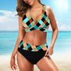 Women's Shoulder Strap Swimsuit with Square Print Bikini Short Tank Top Swimsuit
