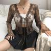Женские сексуальные прозрачные кардиганы Y2K с длинным рукавом и кружевной сеткой, винтажные укороченные топы на шнуровке, уличная одежда