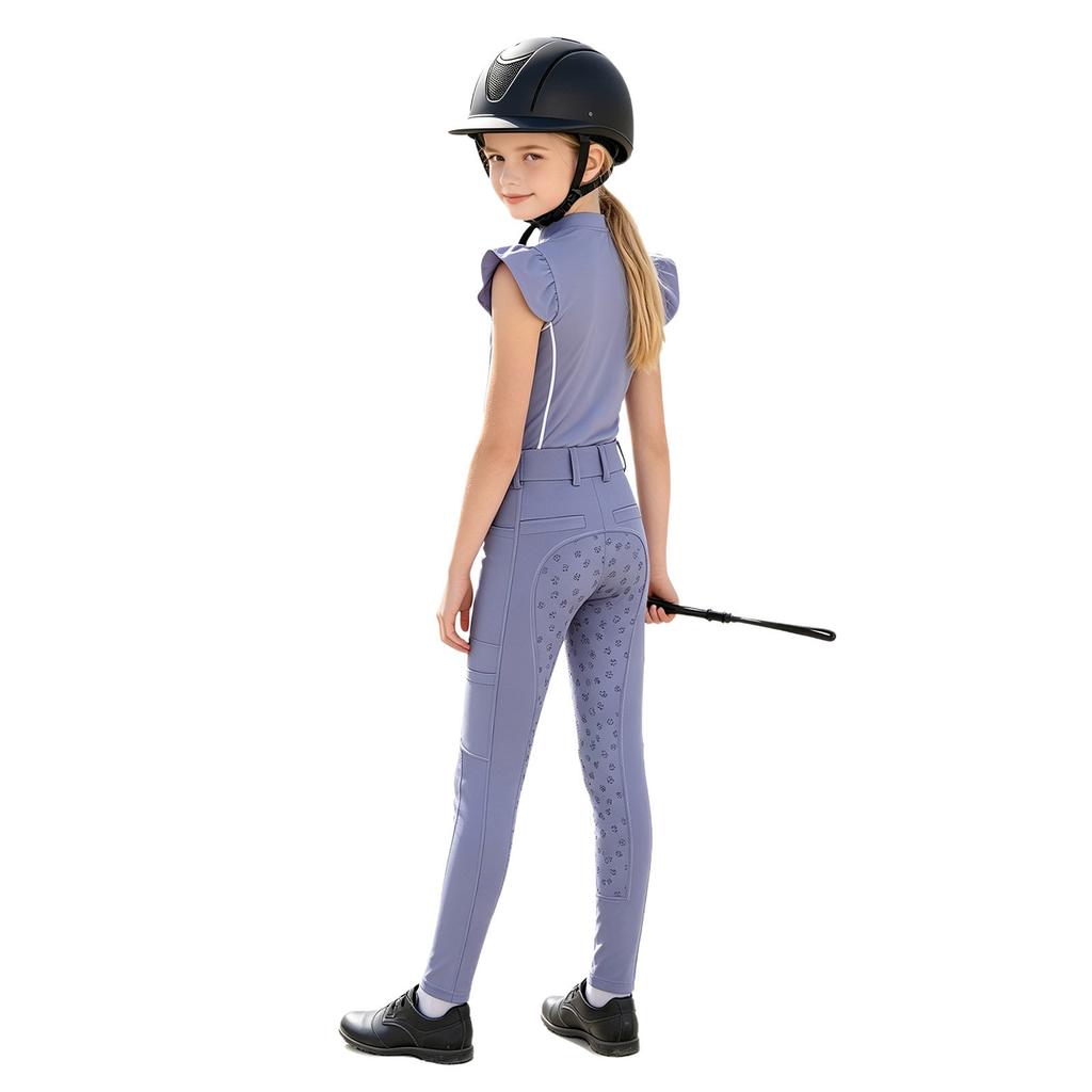 Girls Equestrian Riding Zip Up Stand Collar Ruffled Sleeves Contrast Trim Top Anti Slip Full Seat Breeches Outfit