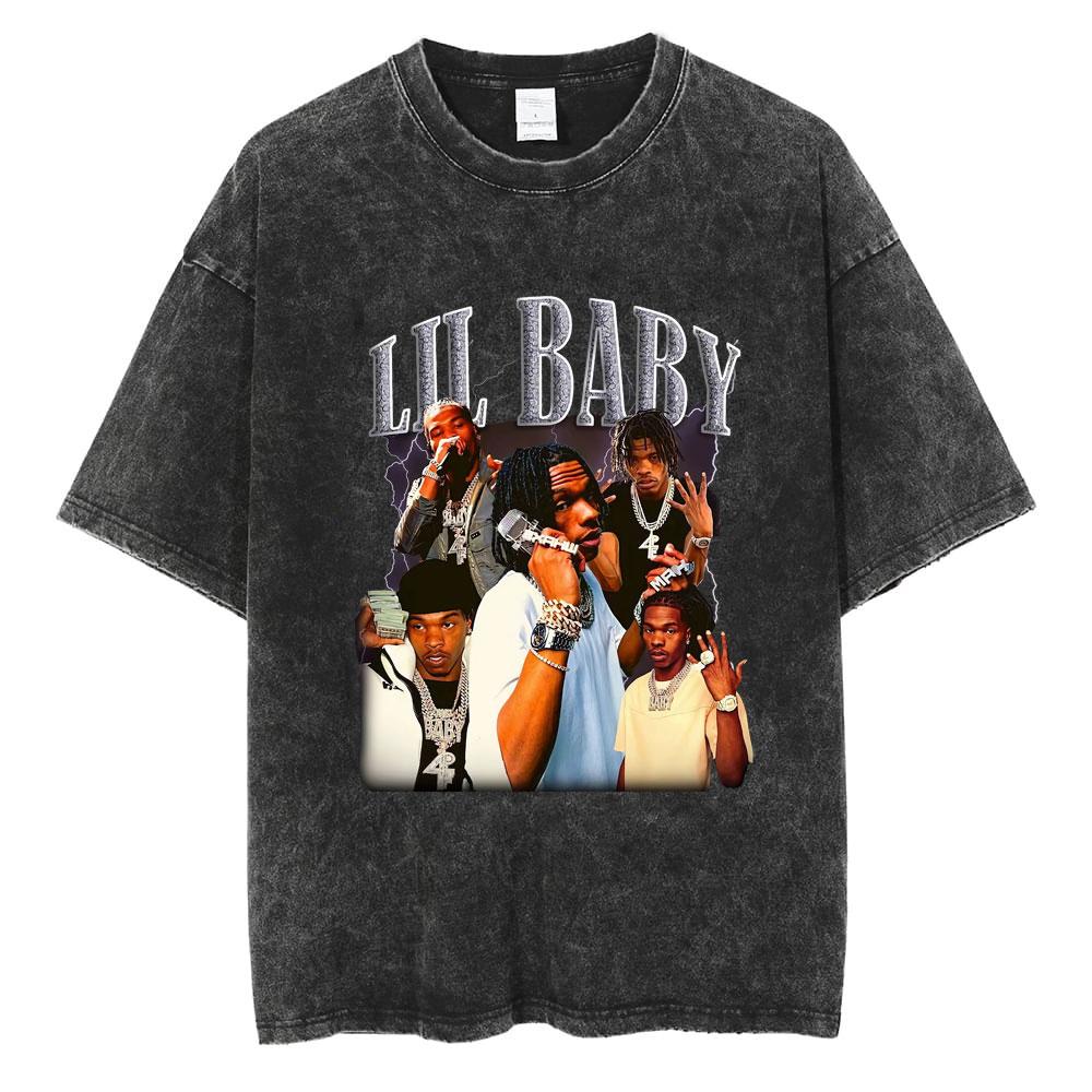 Хип-хоп Рэпер Стирка Винтаж Черный Lil Baby Футболка Унисекс Мода Оверсайз Футболка с коротким рукавом Обычная Мужская Футболка Унисекс Уличная одежда