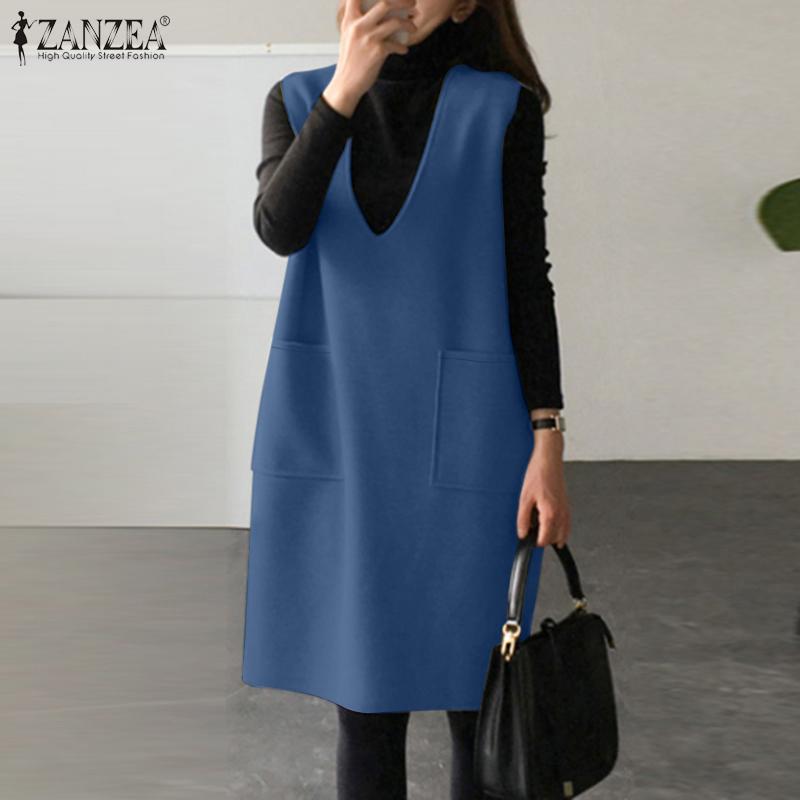 ZANZEA Женское повседневное платье-жилет из тонкой шерстяной ткани без рукавов