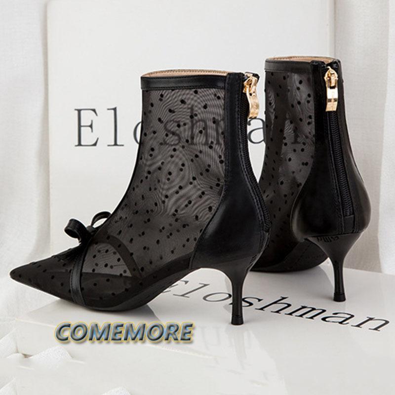Женские сапоги, элегантные ботильоны, сексуальные, с острым носком, туфли в горошек, модные, сетчатые, дышащие, летние, повседневные, женские, в горошек, с бантом