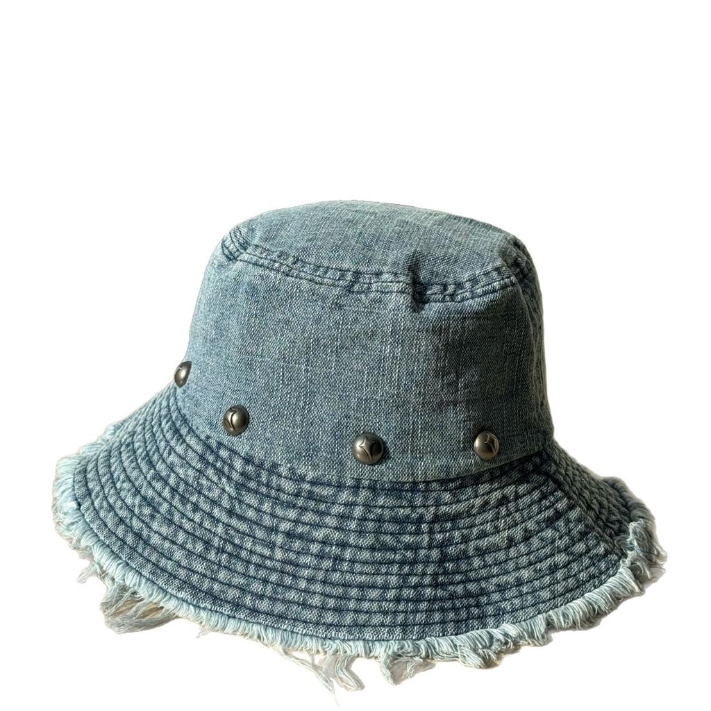 New vintage distressed raw edge denim fisherman hat for women, spring and summer, large brim sun protection hat, versatile rivet bucket hat