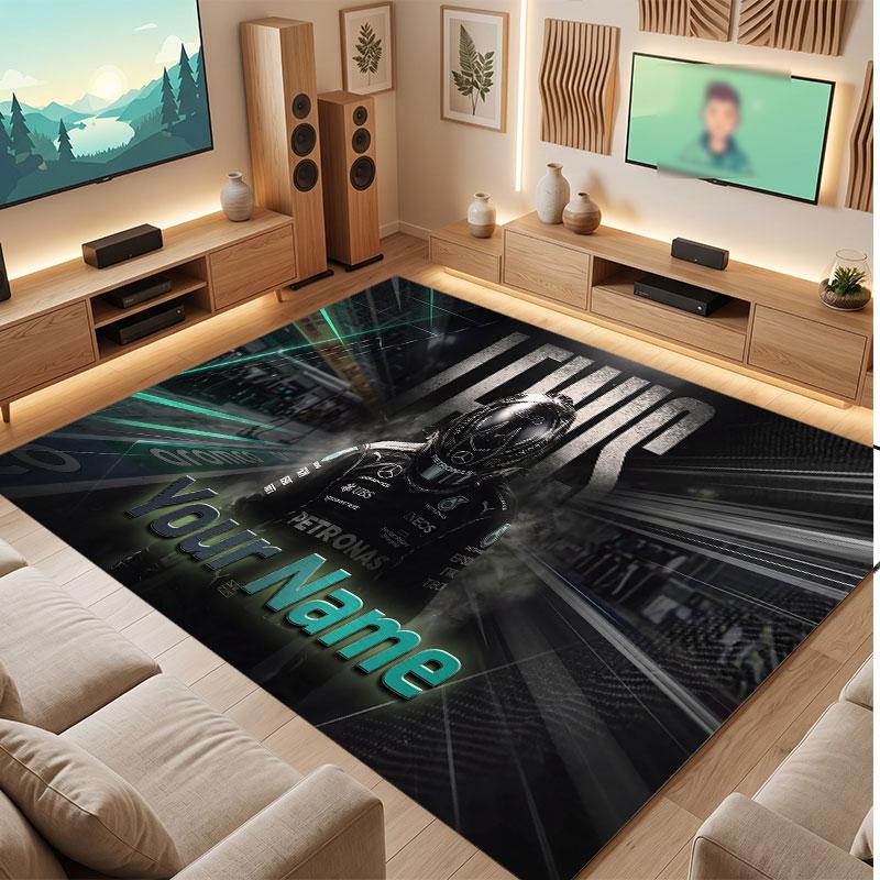 Lewis Hamilton Personalized Crystal Velvet Carpet, Customized Name Text Soft Anti‑Slip Rug for Living Room Bedroom