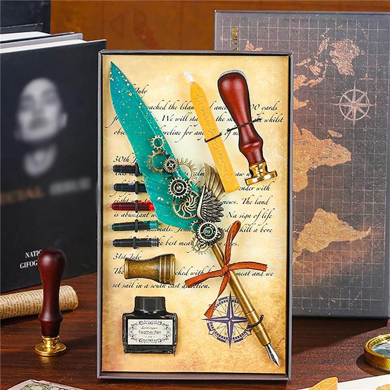 Luxury Fountain Pen Set Vintage Sprinkling Gold Feather Pens Ink Bottle Calligraphy Writing Dip Pen-s Birthday Gift 5 Nib Quill