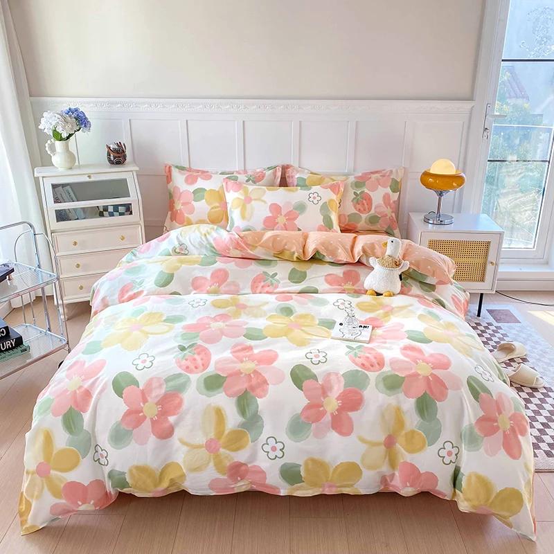 Цветочный пододеяльник в садовом стиле, 100% хлопок, бохо-эстетика, зеленый, с рисунком из разноцветных цветов, 3 предмета