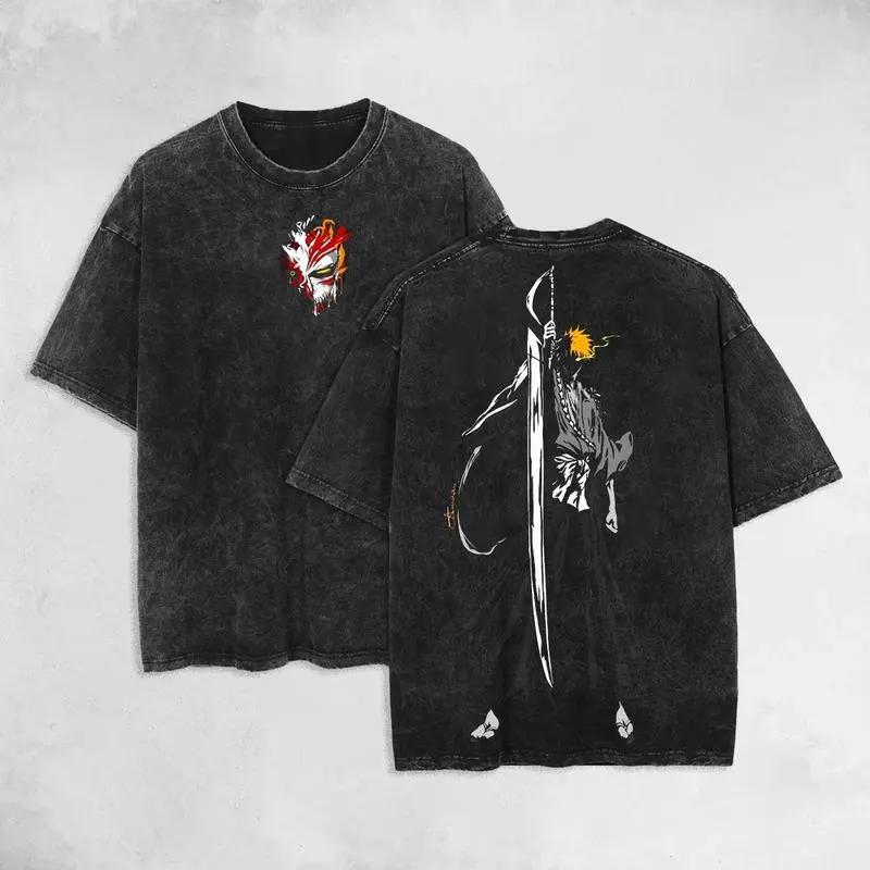 Kurosaki Ichigo Printed Tee Anime BLEACH Clothing Men Women Retro Washed T-shirts Short Sleeve Tshirt Harajuku Cotton T Shirt