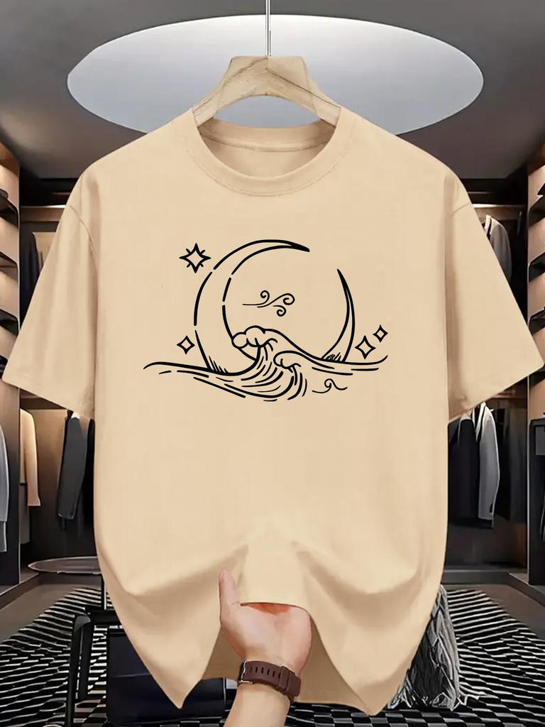 Crescent Moon Ocean Wave Unisexs Crew Neck T Shirt Star Cloud Oriental Line Graphic Short Sleeve Tee Casual Male Street Tops