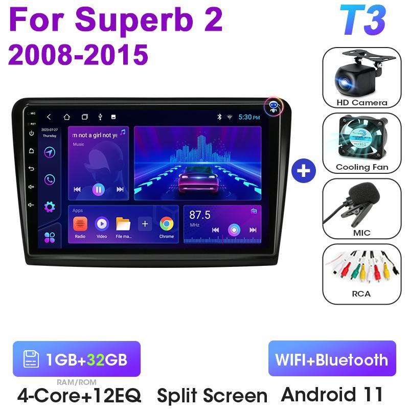 2 Din Android 12 Car Radio For Skoda Superb 2 B6 2008 - 2015 Multimedia Video Player GPS Carplay Auto Stereo RDS DVD Head Unit