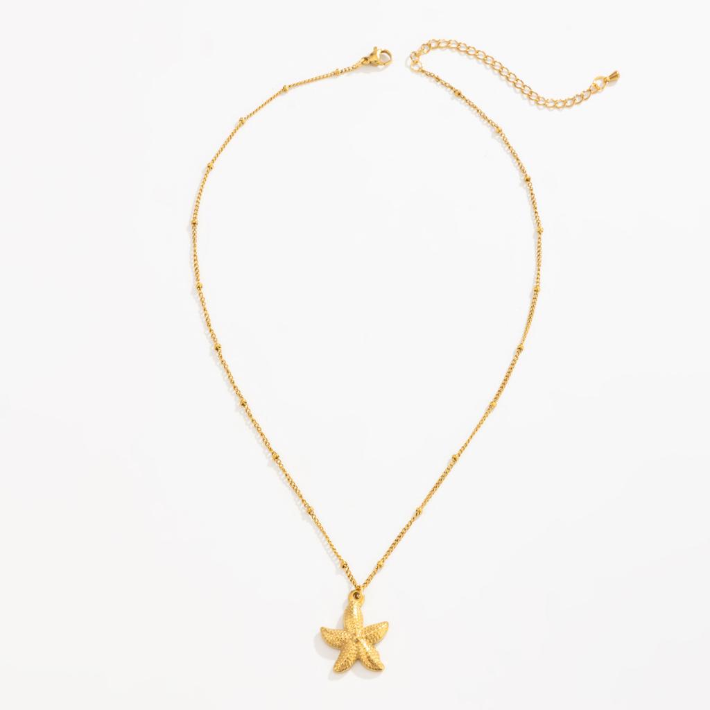 Trendy Stainless Steel Starfish Conch Flower Pearl Pendant Layered Necklace for Women Beach Vacation Stackable Jewelry Gifts