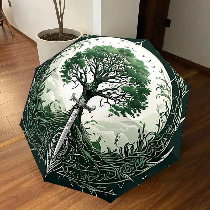 1pc Tree of Life Sword Automatic Open/Close Umbrella with Windproof, 8-Rib Sturdy Canopy, Durable Ribs, Fashionable Design1230A