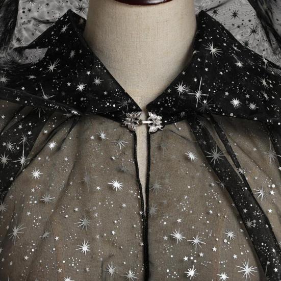 Women Tulle Hooded Cape with Long Train Sparkling Long Sheer Elf Cloak Gothic Witch Robe Costume for Wedding Bride Halloween Cosplay