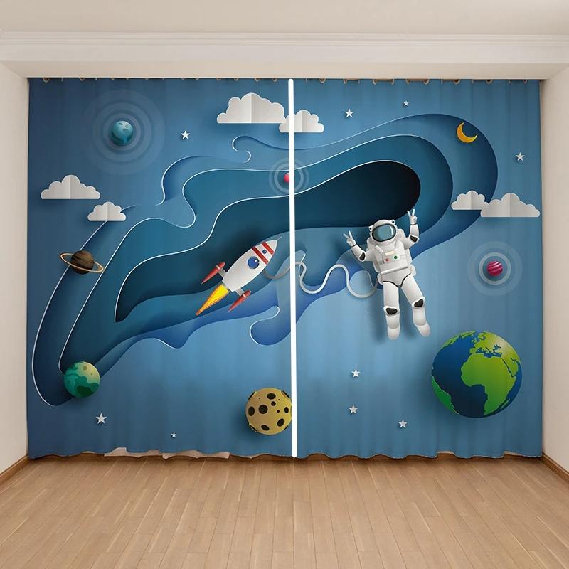 Новые дешевые шторы для мальчиков и девочек в виде космонавтов, планета, для детской спальни, 2 панели, с высоким затемнением, новые модные, с различными узорами