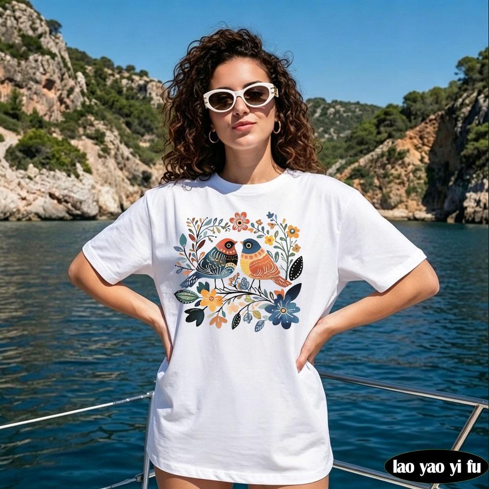 Retro Folk Art Birds And Flowers Graphic Tee Unisex Vintage Folk Print Botanical Floral Bird Cottagecore Casual Cotton Tshirt