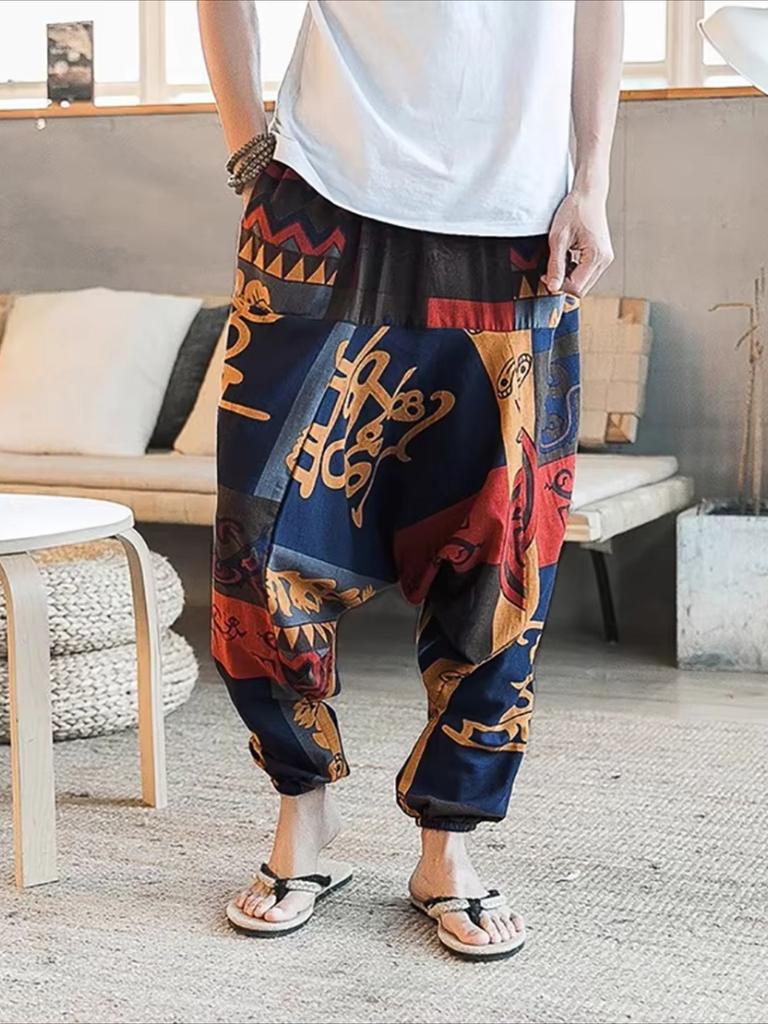 Мужские повседневные брюки из полиэстера в этническом стиле с винтажными узорами, свободный крой, эластичный пояс, манжеты на щиколотке, удобные брюки для всех сезонов