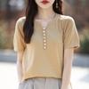 New Summer Cotton V-neck Half-sleeved T-shirt for Women Loose Solid Color Short-sleeved Multi-button Knitted Top