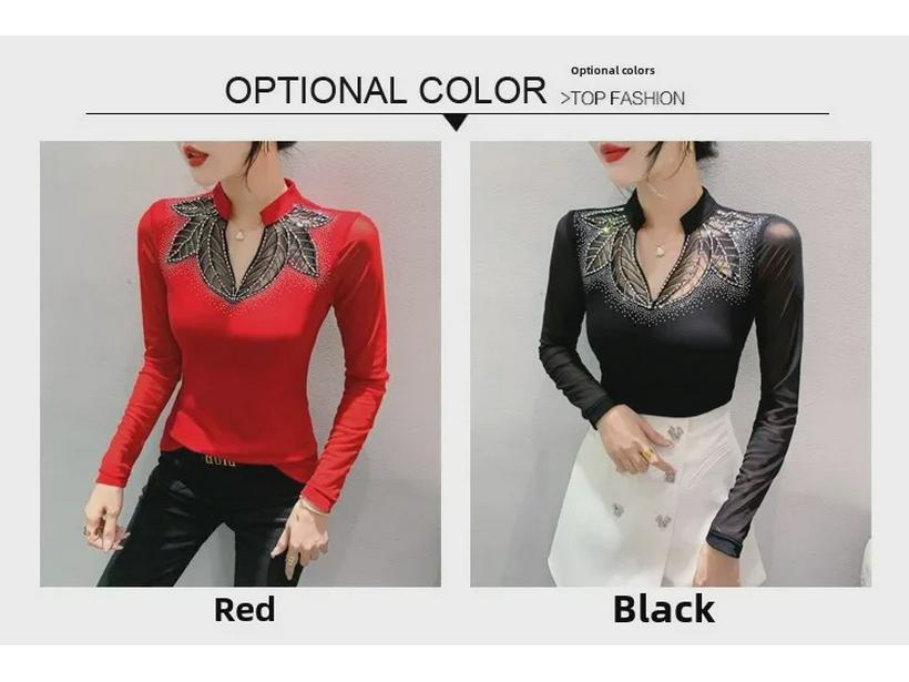 Осенняя дизайнерская облегающая блузка с длинными рукавами 2023 года с яркими ромбовидными деталями для женщин