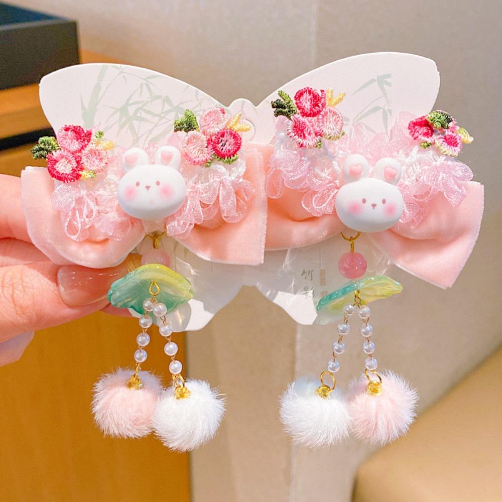 Bowknot Plush Fringe Hairpin Rabbit Chinese Style Barrettes Children's New Year Hair Clip Girls