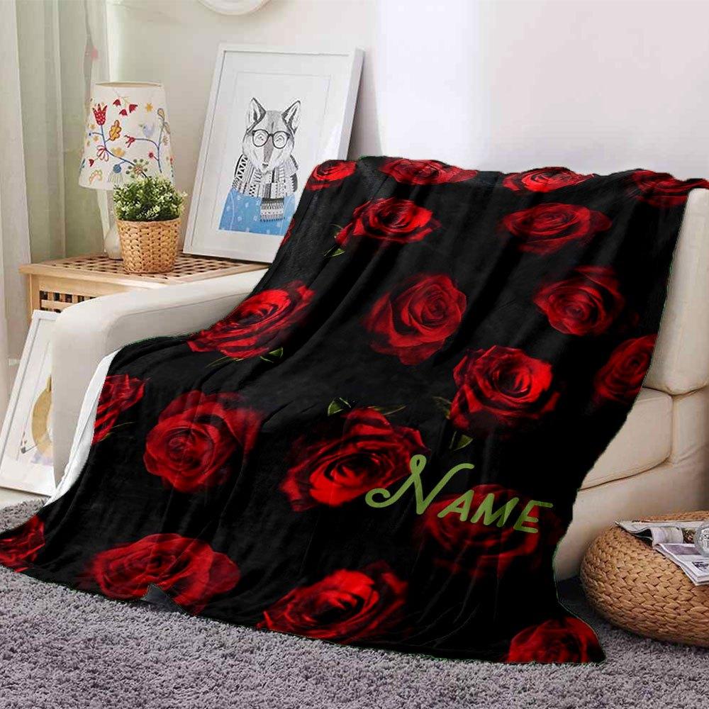 Red Roses On Black Fabric Gift Customizable Blanket Personalized Name Comfortable Texture Perfect For Sofa Couch Office Bed Picnics Ideal For All