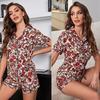 Women’s Sleeping Suits Rayon Printed Floral Shirts and Shorts 2 Pieces Pajama Set Comfy Night Sleep Lounge Wear Casual Home Clothing